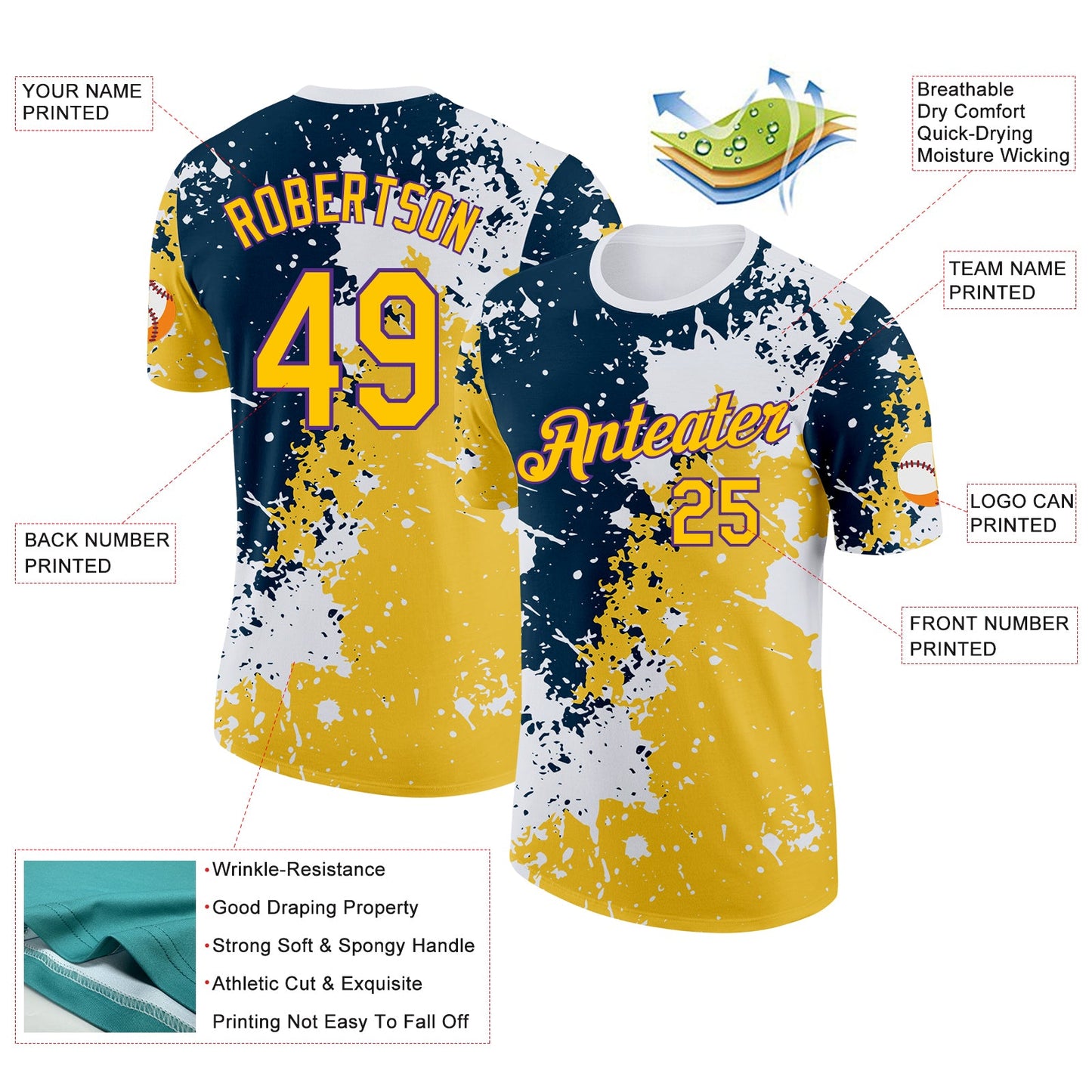 Custom White Yellow Blue-Purple Grunge Paint Splatter Performance T-Shirt view 2