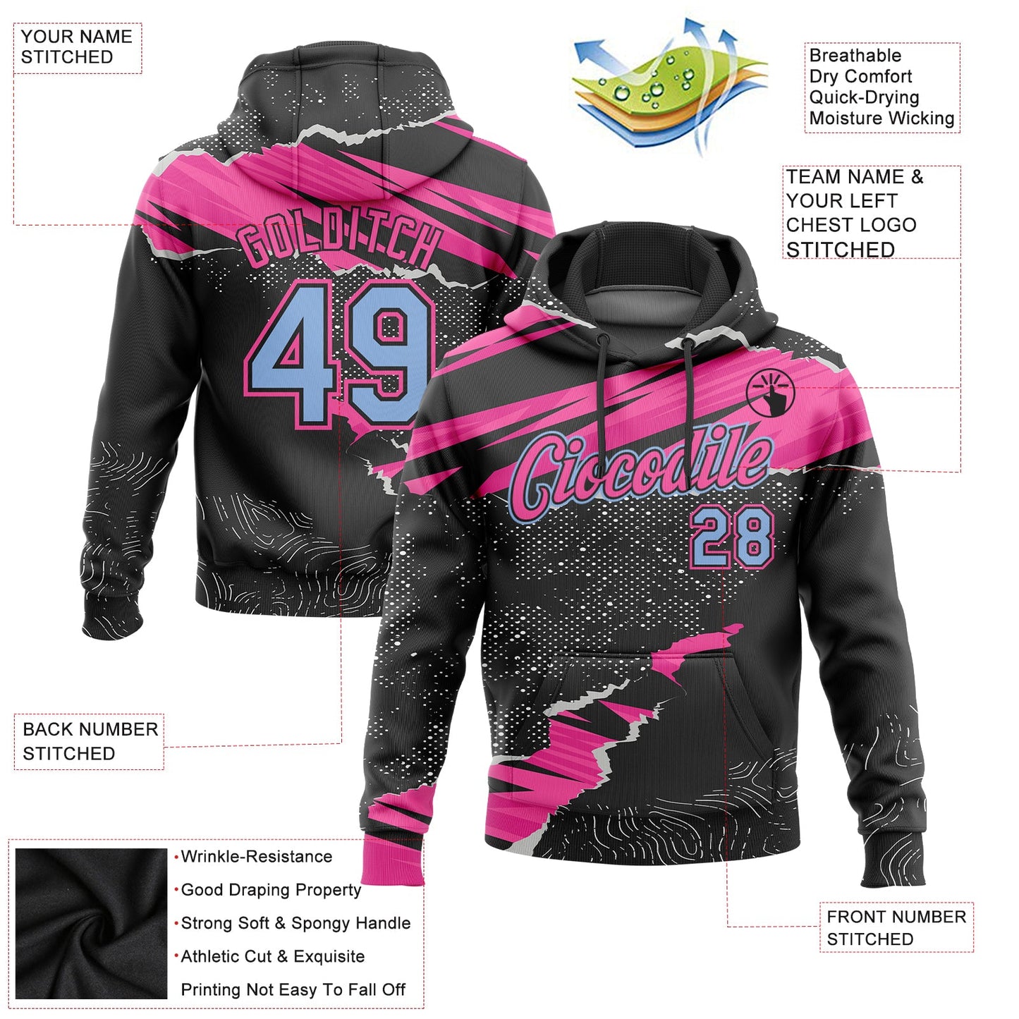 Custom Stitched Black Light Blue-Pink 3D Pattern Design Torn Paper Style Sports Pullover Sweatshirt Hoodie view 2