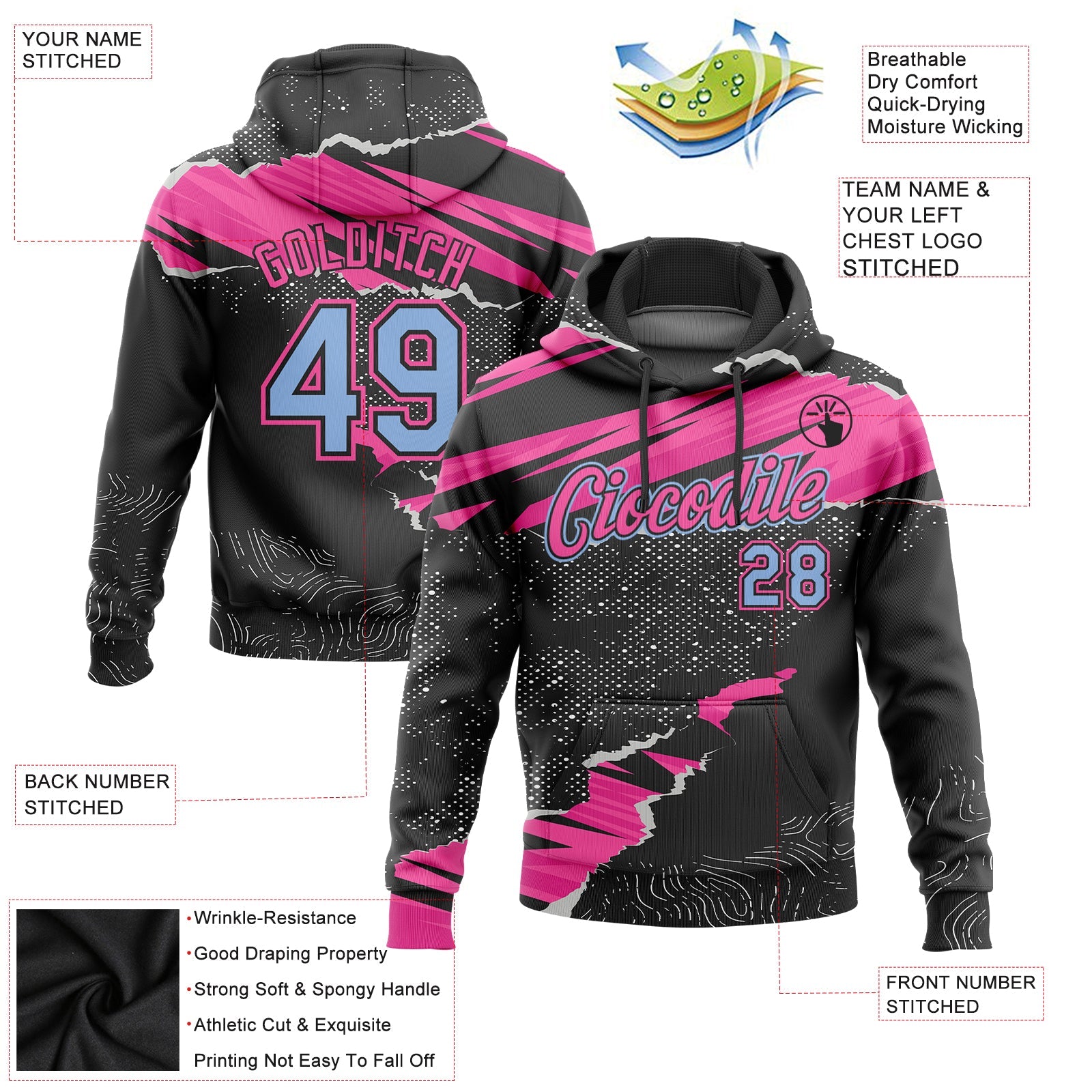 Custom Stitched Black Light Blue-Pink 3D Pattern Design Torn Paper Style Sports Pullover Sweatshirt Hoodie view 2