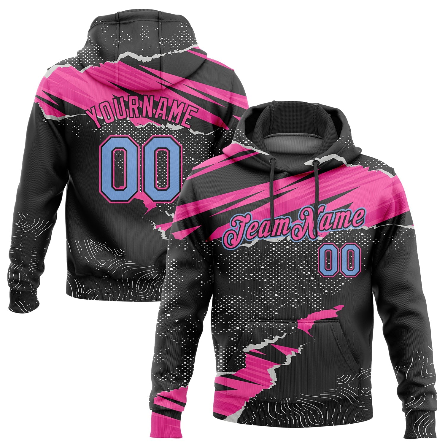 Custom Stitched Black Light Blue-Pink 3D Pattern Design Torn Paper Style Sports Pullover Sweatshirt Hoodie - Main View