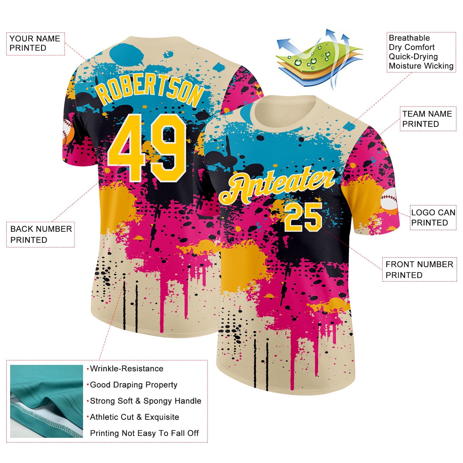 Custom Cream Yellow Blue Pink-White Dripping Grunge Paint Splatter Performance T-Shirt view 2