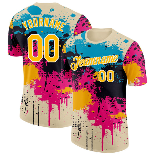 Custom Cream Yellow Blue Pink-White Dripping Grunge Paint Splatter Performance T-Shirt - Main View