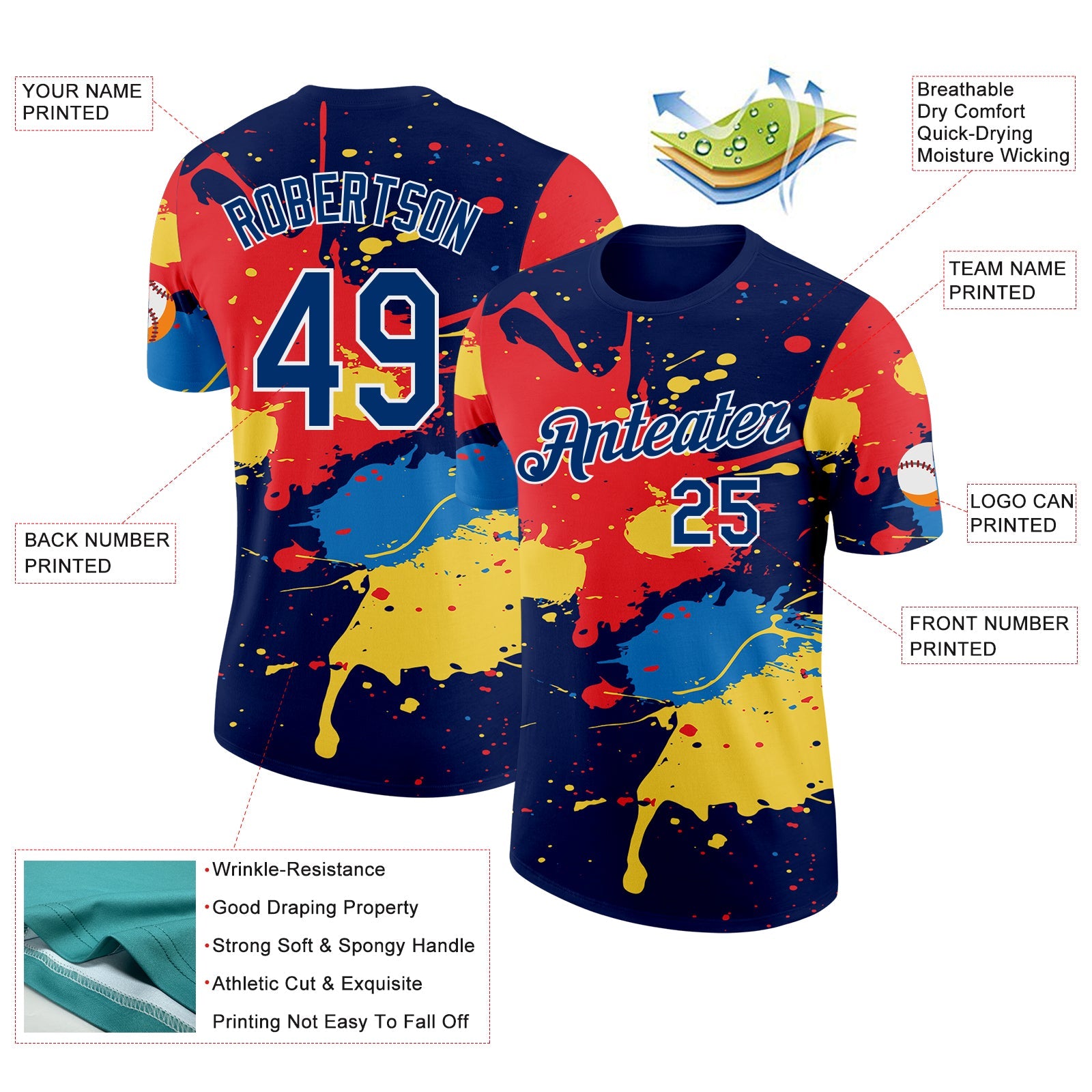 Custom Navy US Navy Blue Red Yellow-White Dripping Grunge Paint Splatter Performance T-Shirt view 2