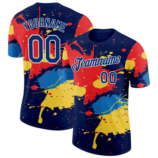 Custom Navy US Navy Blue Red Yellow-White Dripping Grunge Paint Splatter Performance T-Shirt - Main View