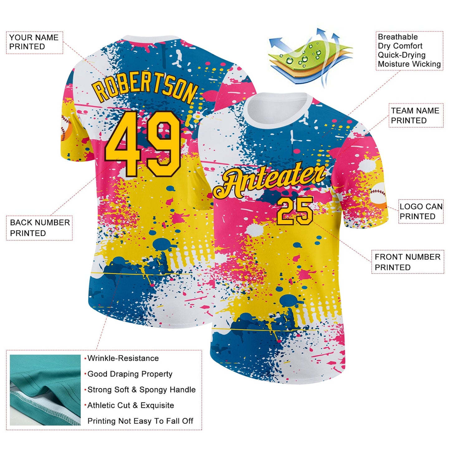 Custom White Yellow Blue Pink-Brown Grunge Paint Splatter Performance T-Shirt view 2