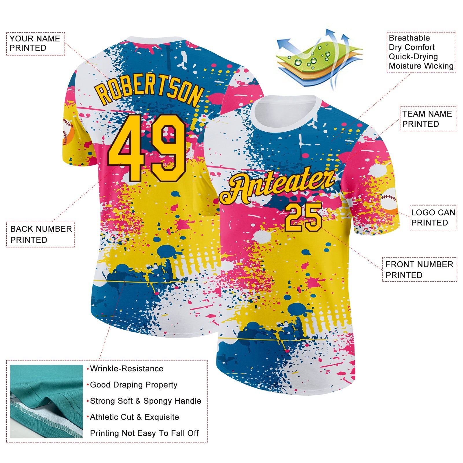 Custom White Yellow Blue Pink-Brown Grunge Paint Splatter Performance T-Shirt view 2
