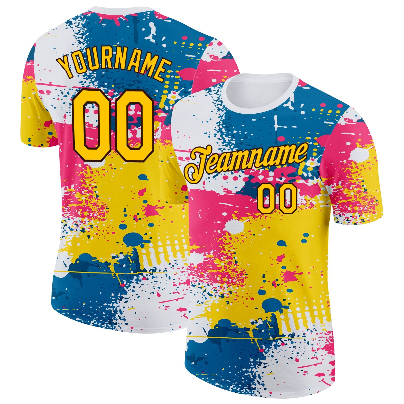 Custom White Yellow Blue Pink-Brown Grunge Paint Splatter Performance T-Shirt - Main View
