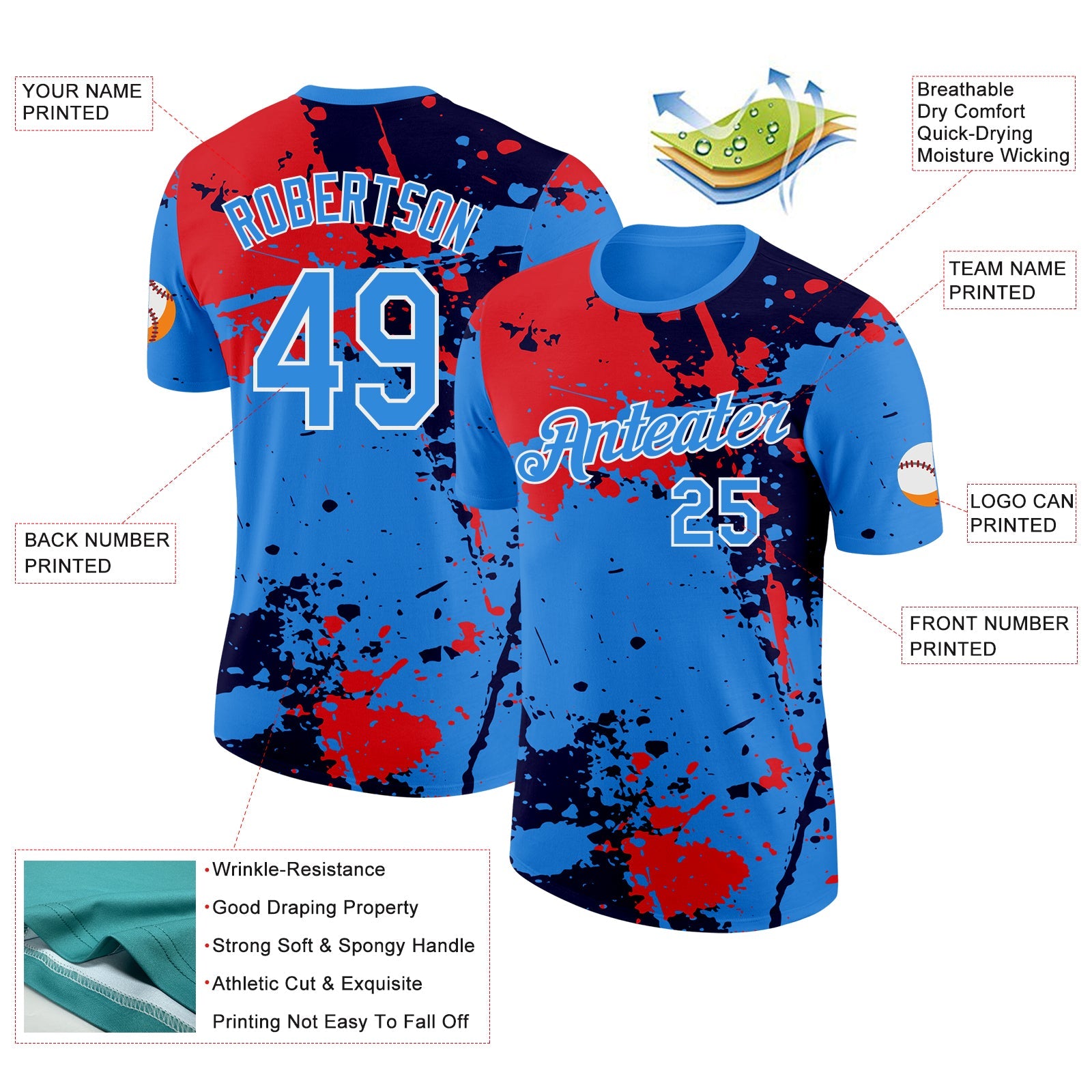 Custom Powder Blue Red Black-White Grunge Paint Splatter Performance T-Shirt view 2