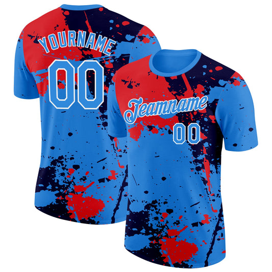Custom Powder Blue Red Black-White Grunge Paint Splatter Performance T-Shirt - Main View