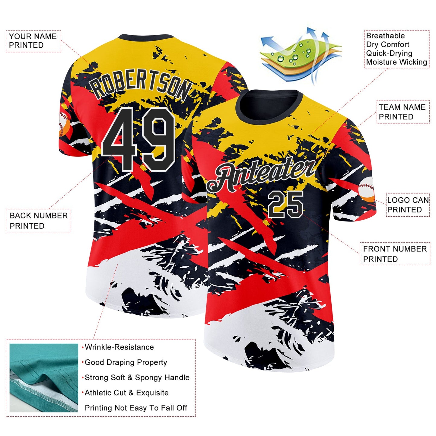 Custom Black Yellow Red-White Grunge Paint Splatter Performance T-Shirt view 2
