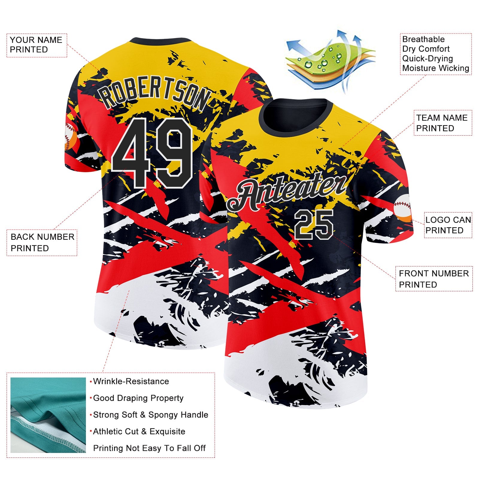 Custom Black Yellow Red-White Grunge Paint Splatter Performance T-Shirt view 2
