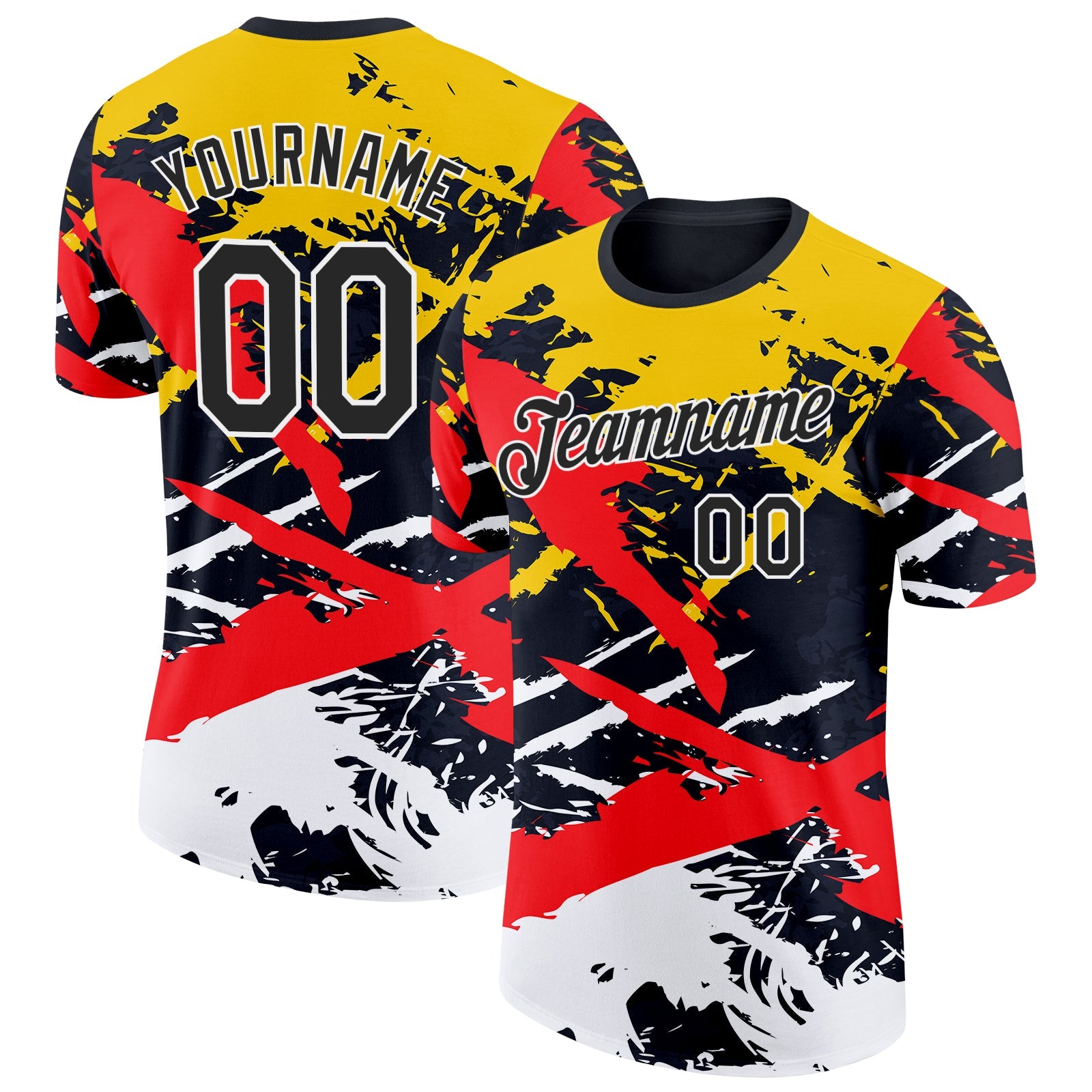 Custom Black Yellow Red-White Grunge Paint Splatter Performance T-Shirt - Main View