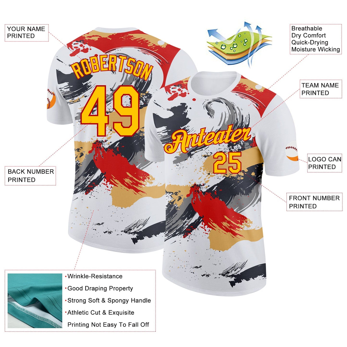 Custom White Yellow Gray-Red Grunge Paint Splatter Performance T-Shirt view 2