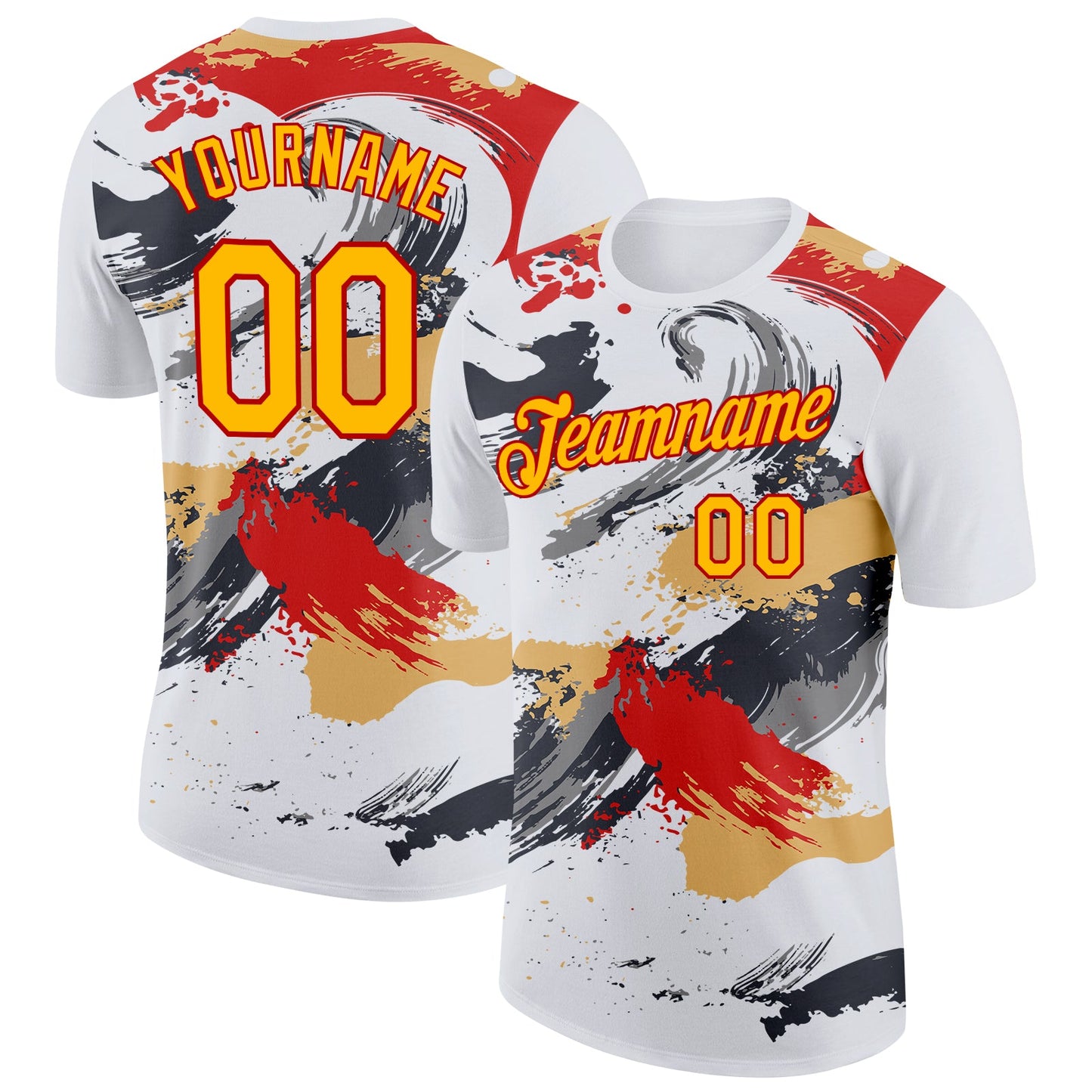 Custom White Yellow Gray-Red Grunge Paint Splatter Performance T-Shirt - Main View