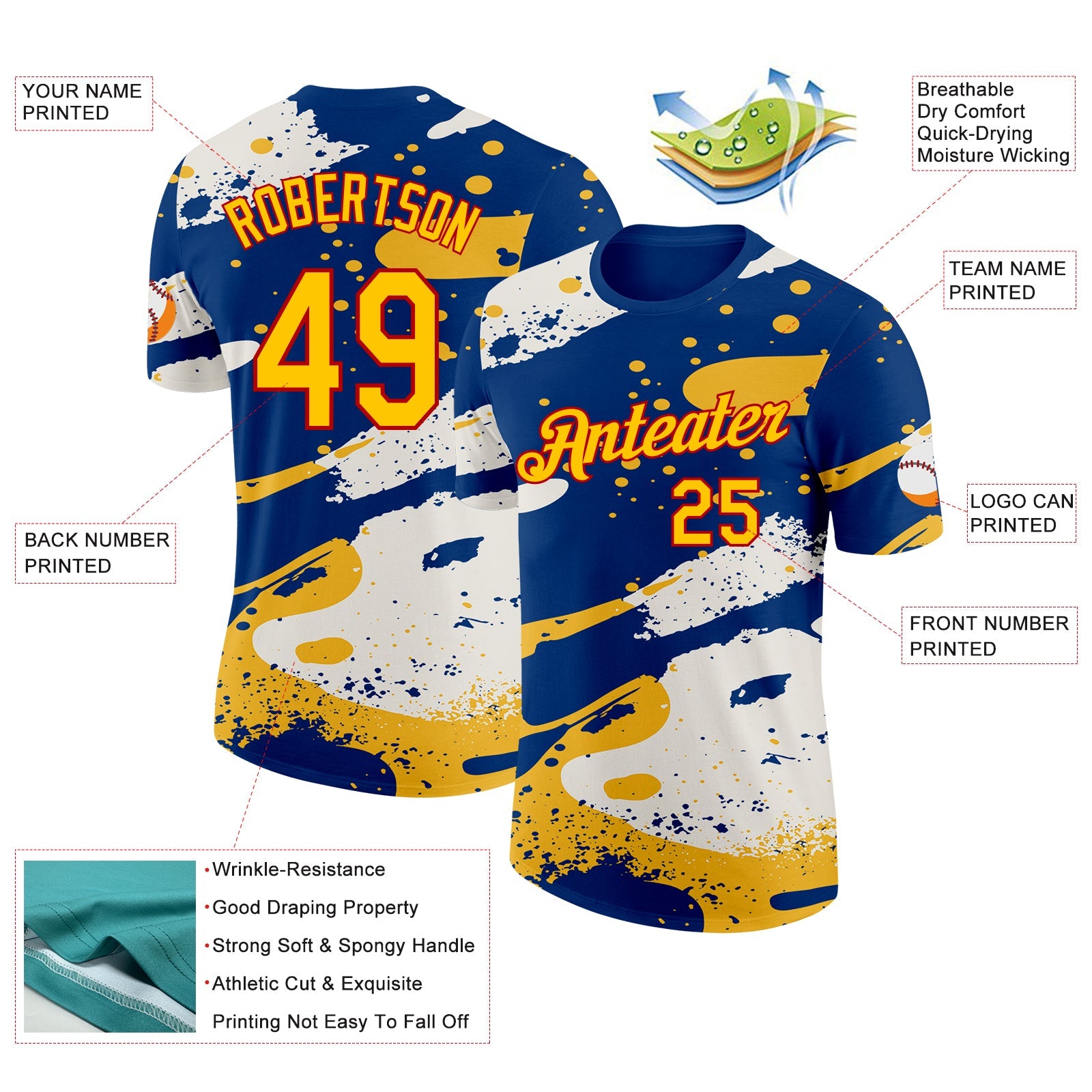 Custom US Navy Blue Yellow-Red Grunge Paint Splatter Performance T-Shirt view 2