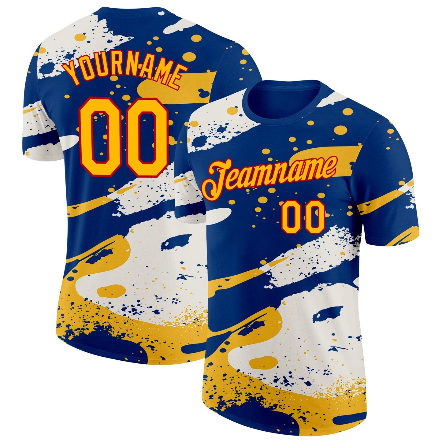 Custom US Navy Blue Yellow-Red Grunge Paint Splatter Performance T-Shirt - Main View