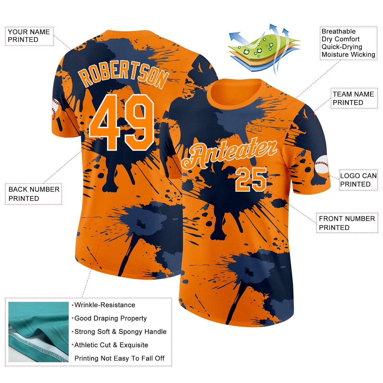 Custom Bay Orange Blue-White Grunge Paint Splatter Performance T-Shirt view 2