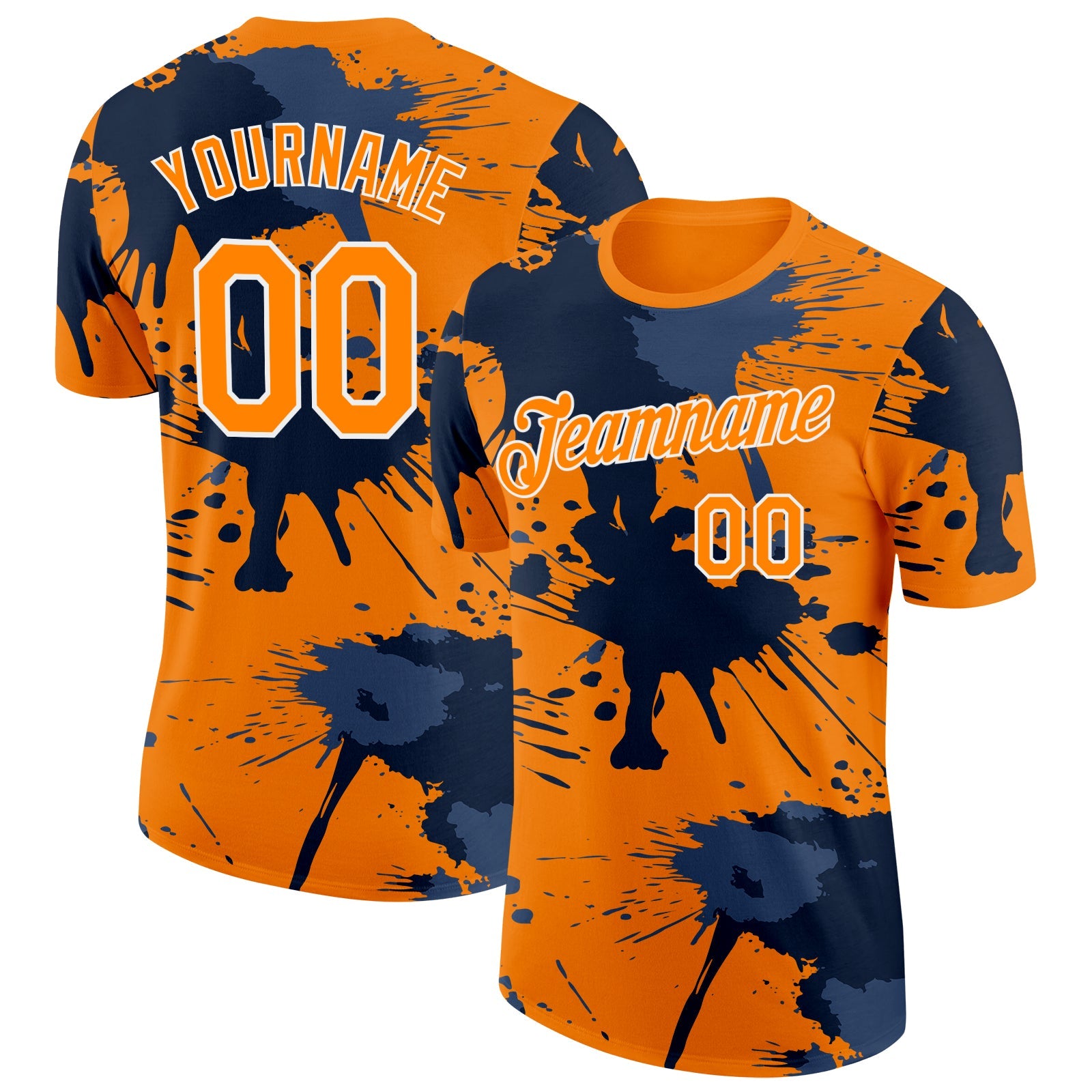 Custom Bay Orange Blue-White Grunge Paint Splatter Performance T-Shirt - Main View