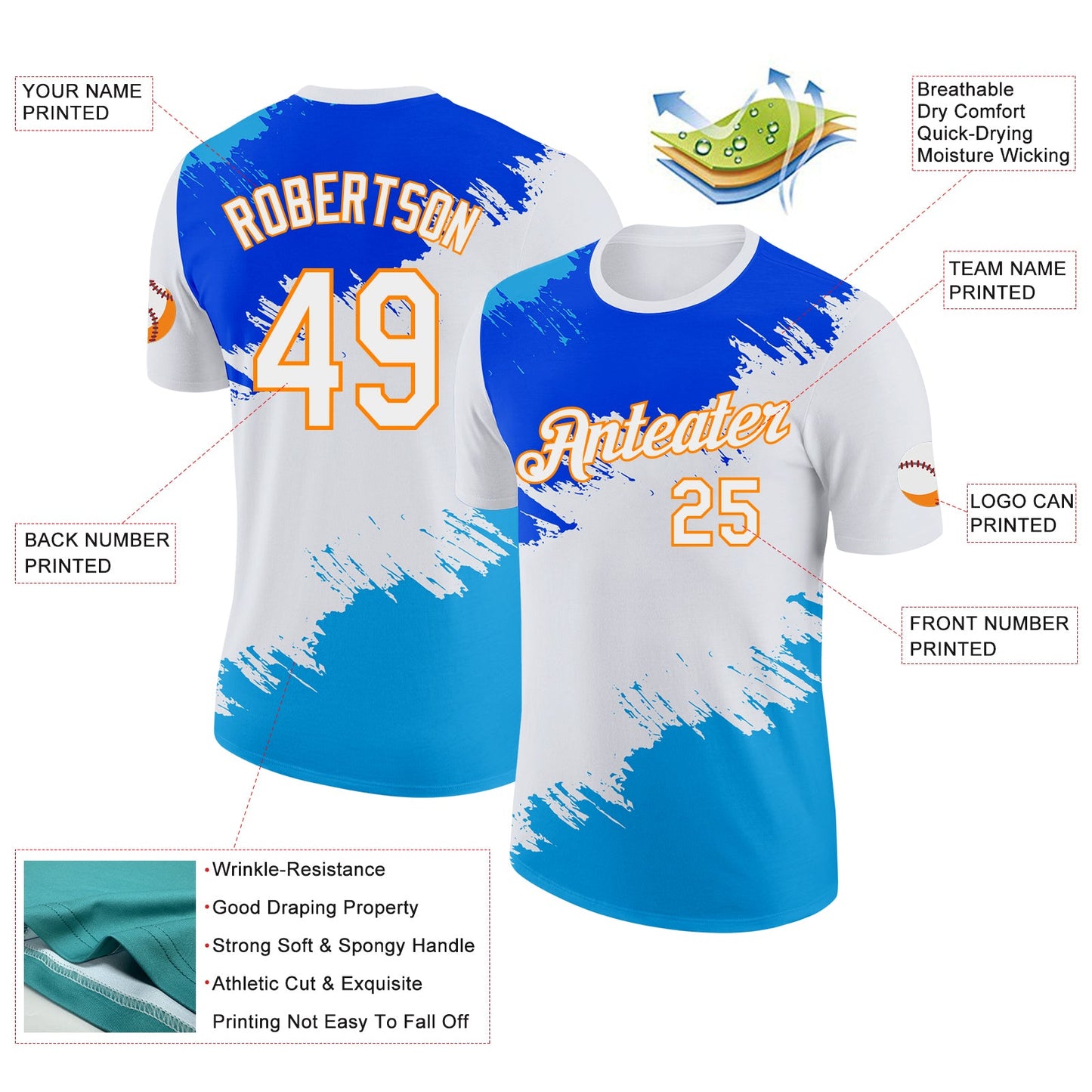 Custom White Blue-Bay Orange Grunge Paint Splatter Performance T-Shirt view 2