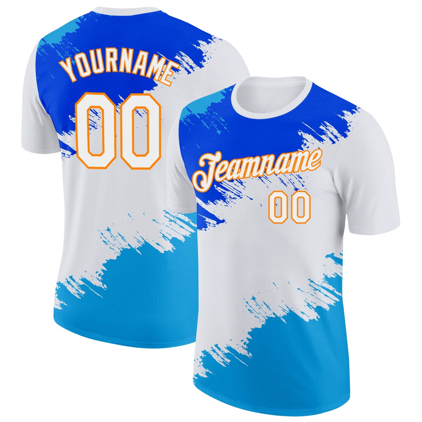 Custom White Blue-Bay Orange Grunge Paint Splatter Performance T-Shirt - Main View