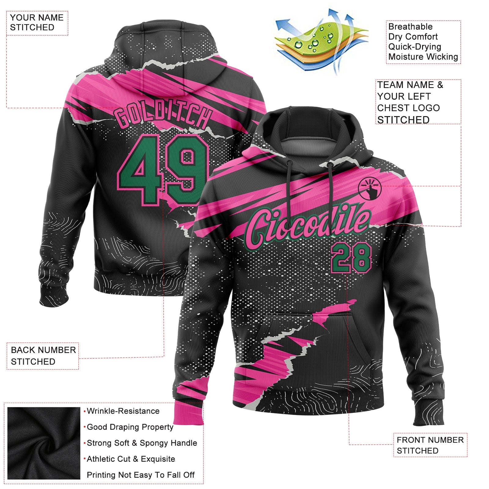 Custom Stitched Black Kelly Green-Pink 3D Pattern Design Torn Paper Style Sports Pullover Sweatshirt Hoodie view 2