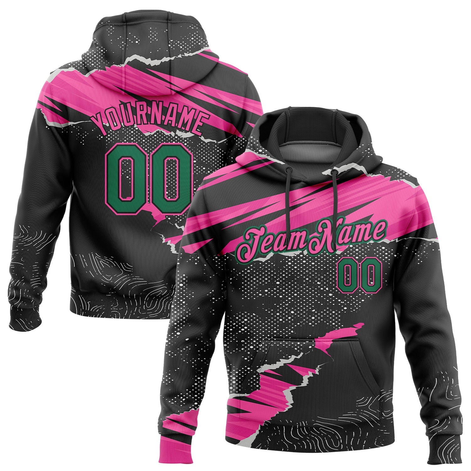 Custom Stitched Black Kelly Green-Pink 3D Pattern Design Torn Paper Style Sports Pullover Sweatshirt Hoodie - Main View