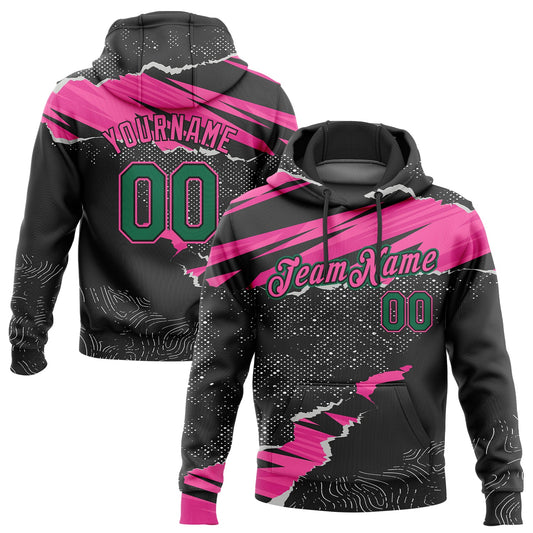 Custom Stitched Black Kelly Green-Pink 3D Pattern Design Torn Paper Style Sports Pullover Sweatshirt Hoodie - Main View