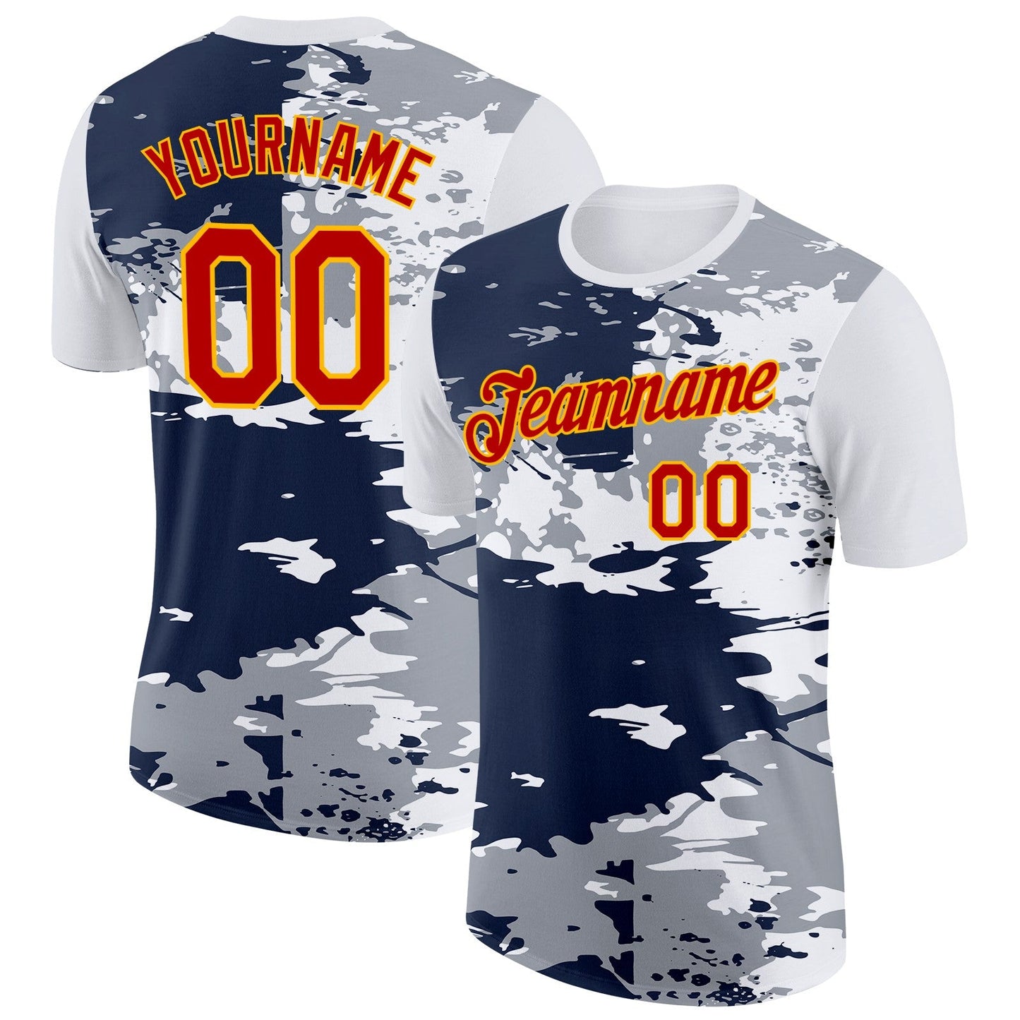 Custom White Red Gray Blue-Yellow Grunge Paint Splatter Performance T-Shirt - Main View