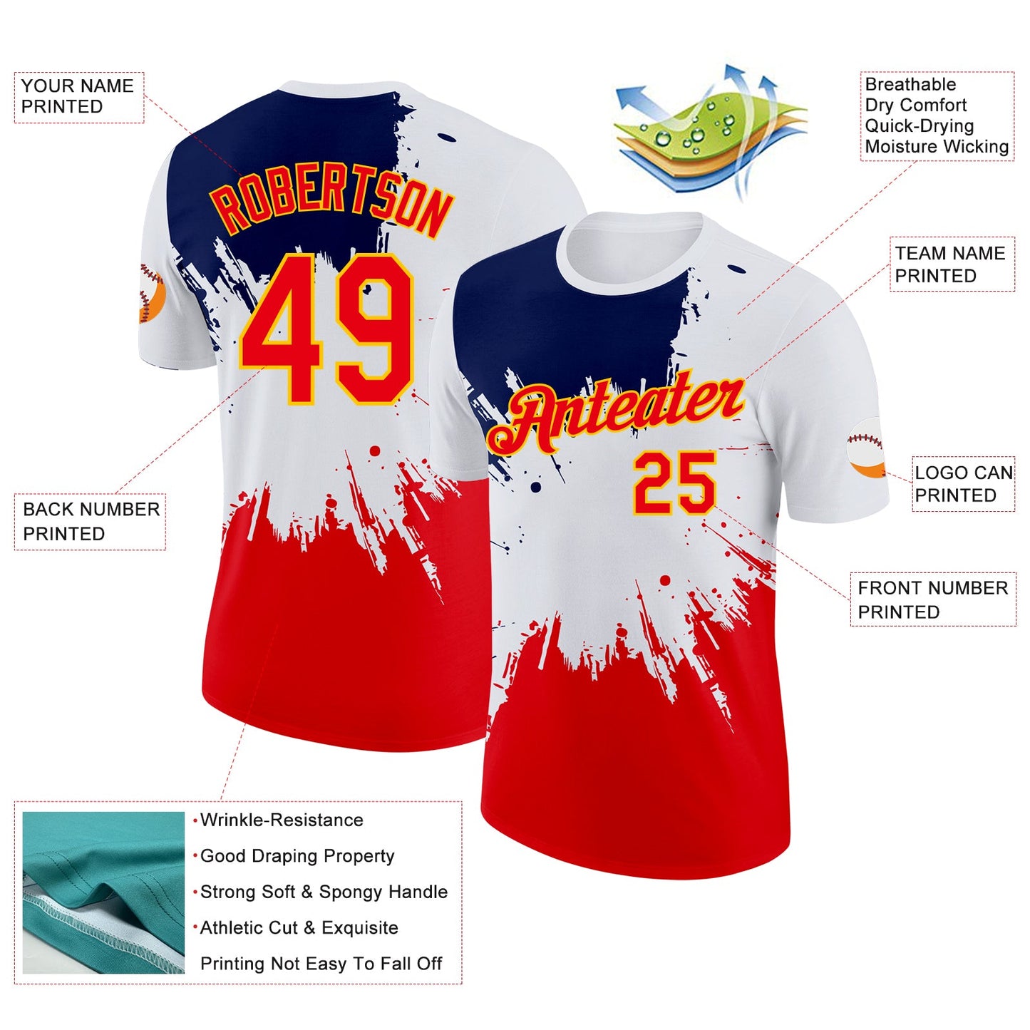 Custom White Fire Red Blue-Yellow Grunge Paint Splatter Performance T-Shirt view 2