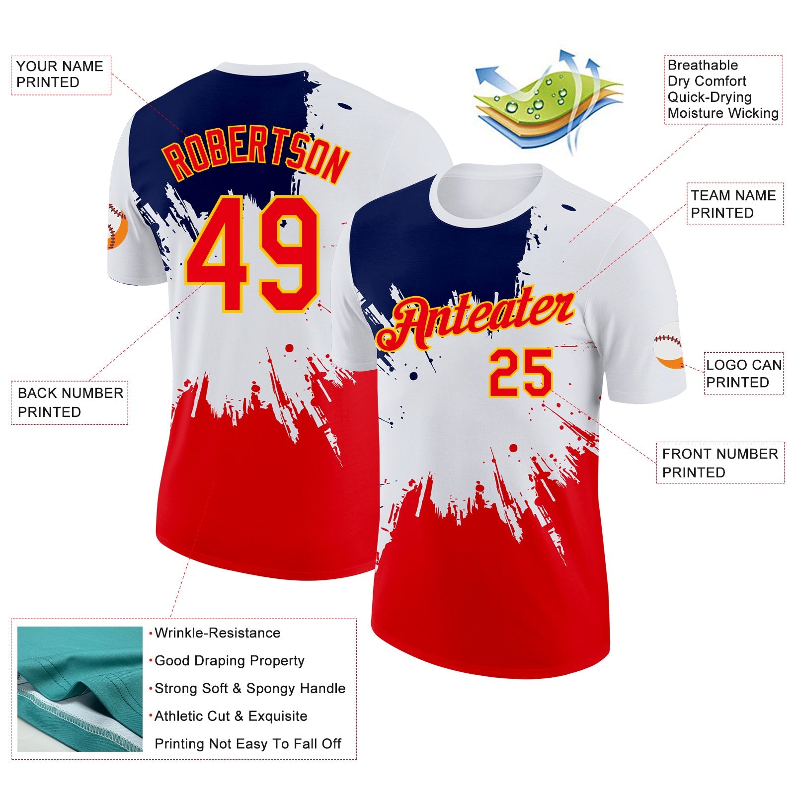 Custom White Fire Red Blue-Yellow Grunge Paint Splatter Performance T-Shirt view 2