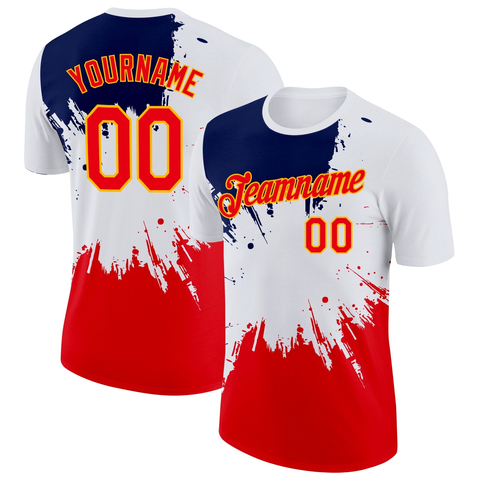 Custom White Fire Red Blue-Yellow Grunge Paint Splatter Performance T-Shirt - Main View