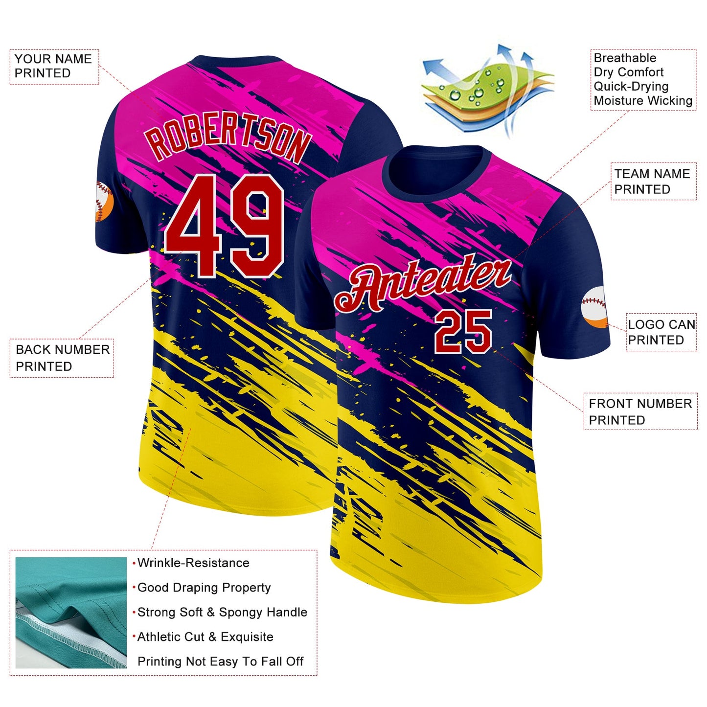 Custom Navy Red Hot Pink Yellow-White Grunge Paint Splatter Performance T-Shirt view 2