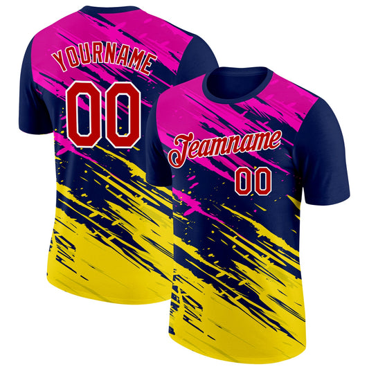 Custom Navy Red Hot Pink Yellow-White Grunge Paint Splatter Performance T-Shirt - Main View