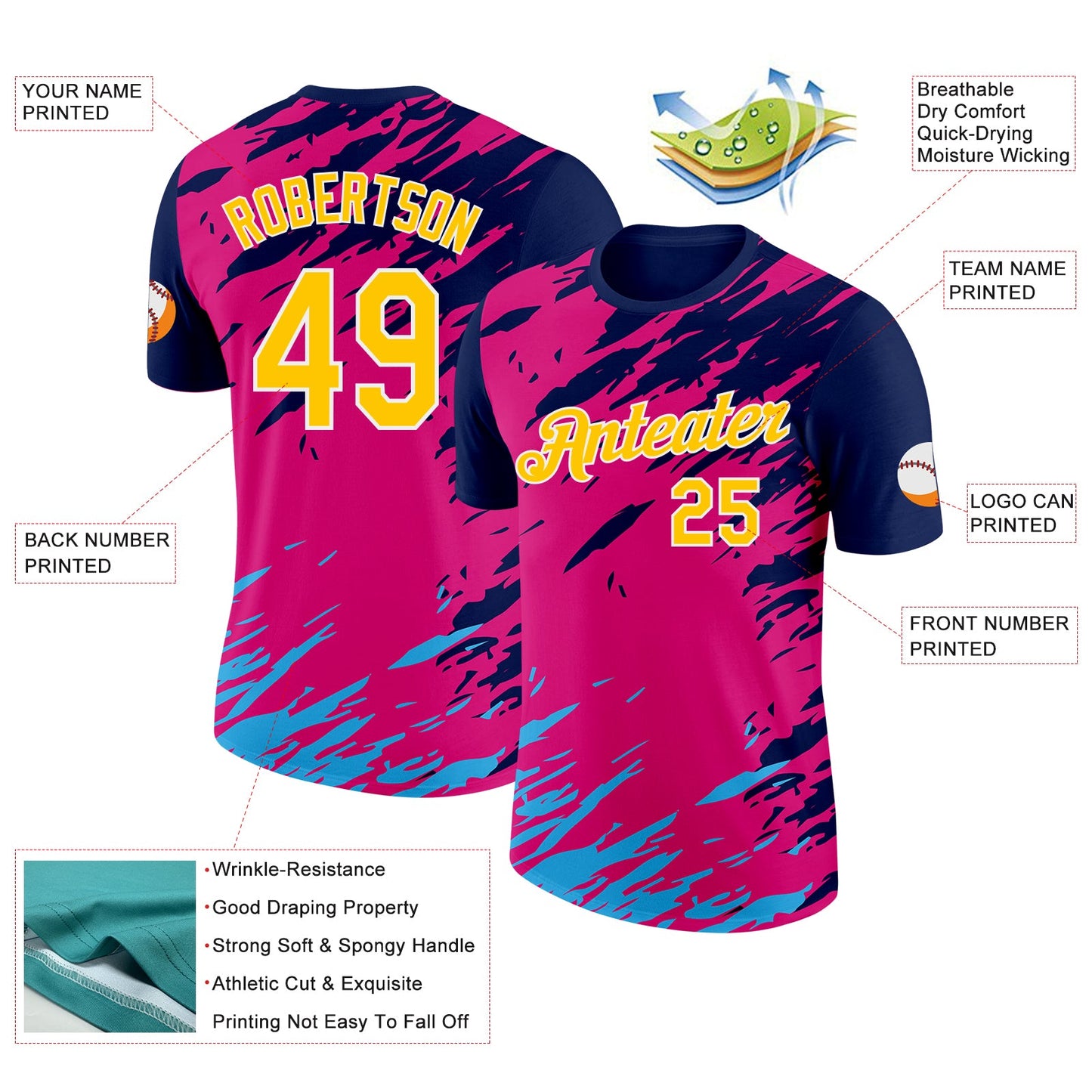 Custom Navy Yellow Pink Blue-White Grunge Paint Splatter Performance T-Shirt view 2