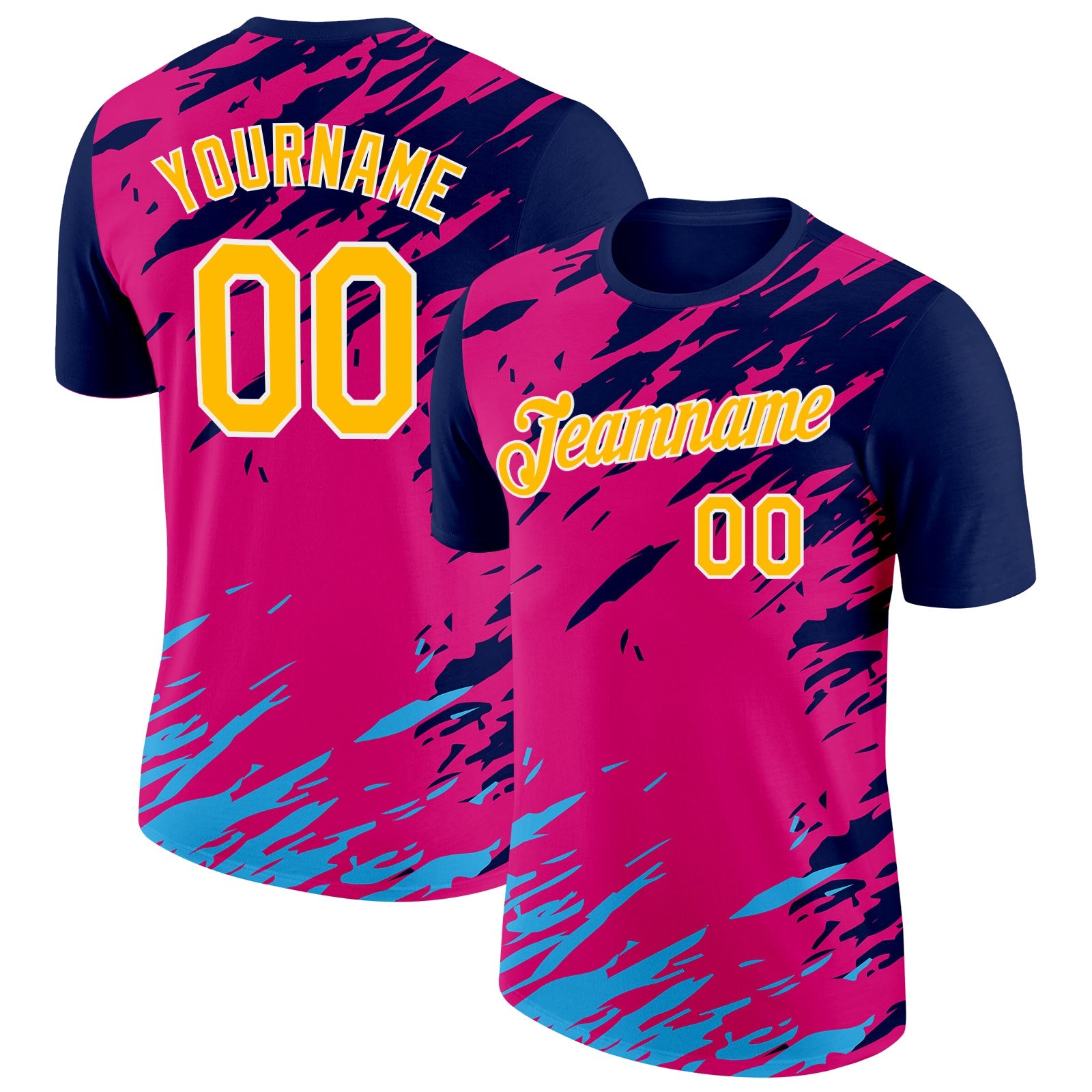 Custom Navy Yellow Pink Blue-White Grunge Paint Splatter Performance T-Shirt - Main View