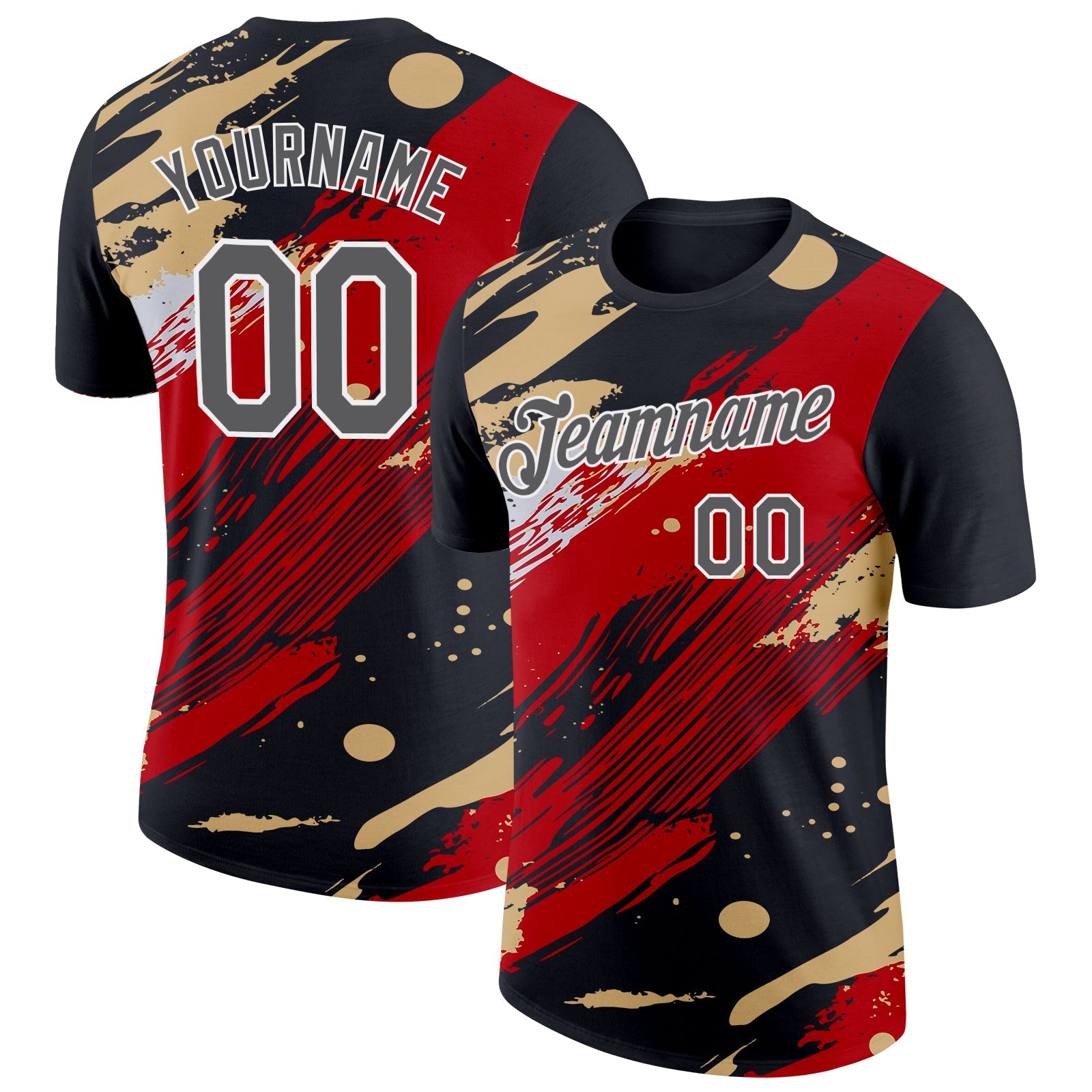 Custom Black Steel Gray Red Cream-White Grunge Paint Splatter Performance T-Shirt - Main View