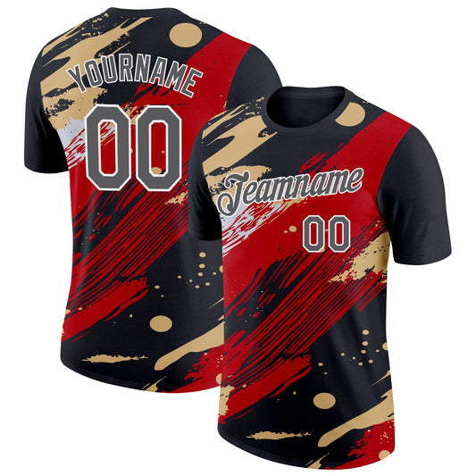 Custom Black Steel Gray Red Cream-White Grunge Paint Splatter Performance T-Shirt - Main View
