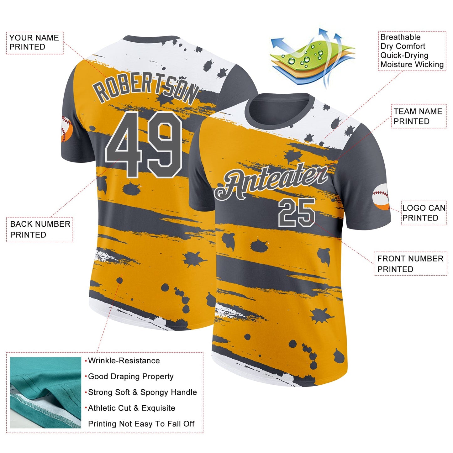 Custom Steel Gray Yellow-White Grunge Paint Splatter Performance T-Shirt view 2