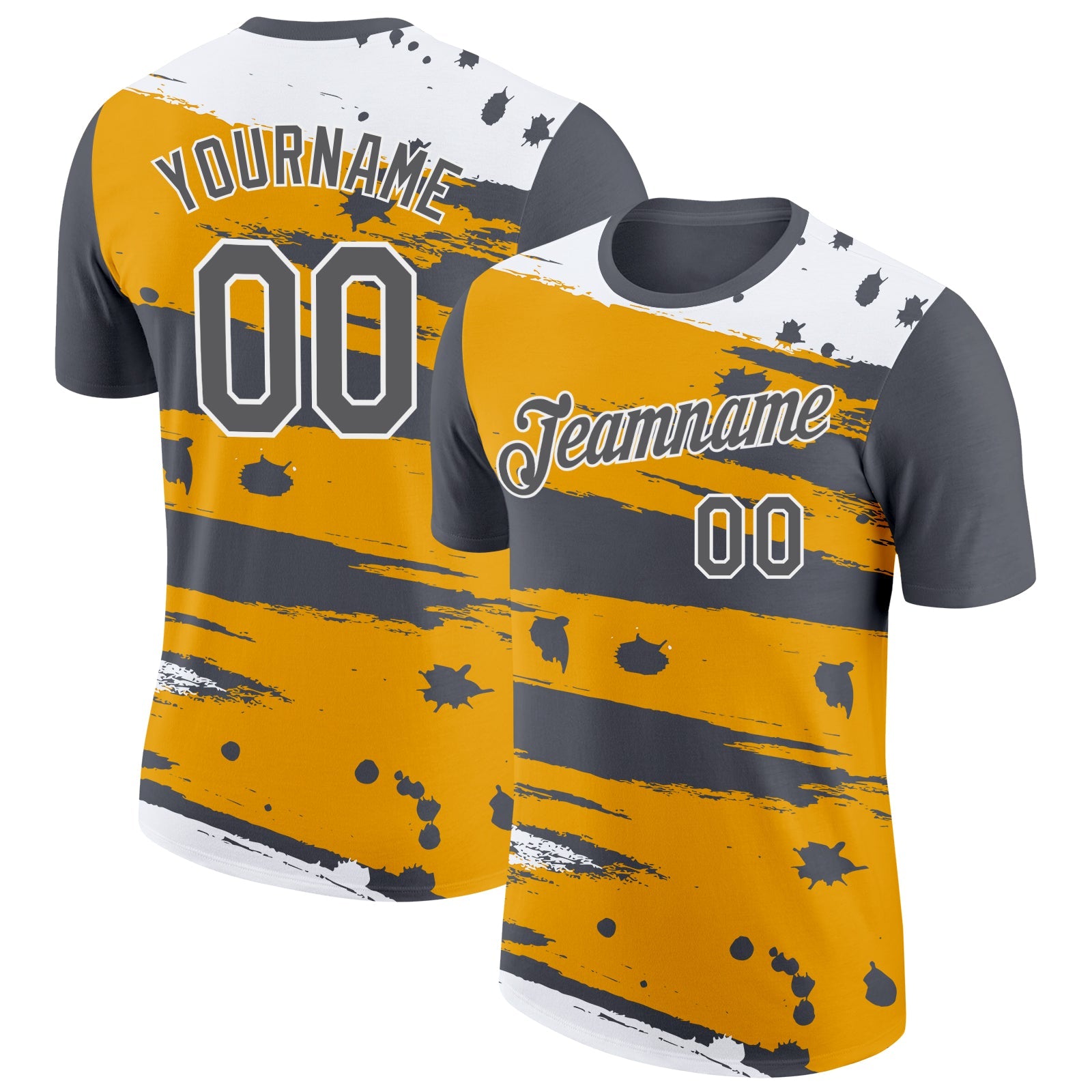 Custom Steel Gray Yellow-White Grunge Paint Splatter Performance T-Shirt - Main View