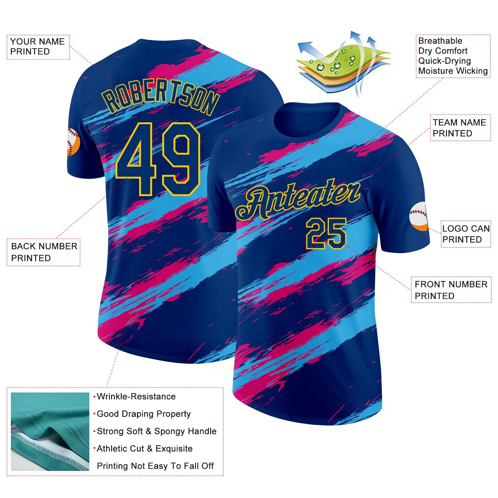 Custom US Navy Blue Pink-Yellow Grunge Paint Splatter Performance T-Shirt view 2