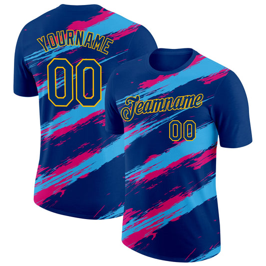 Custom US Navy Blue Pink-Yellow Grunge Paint Splatter Performance T-Shirt - Main View