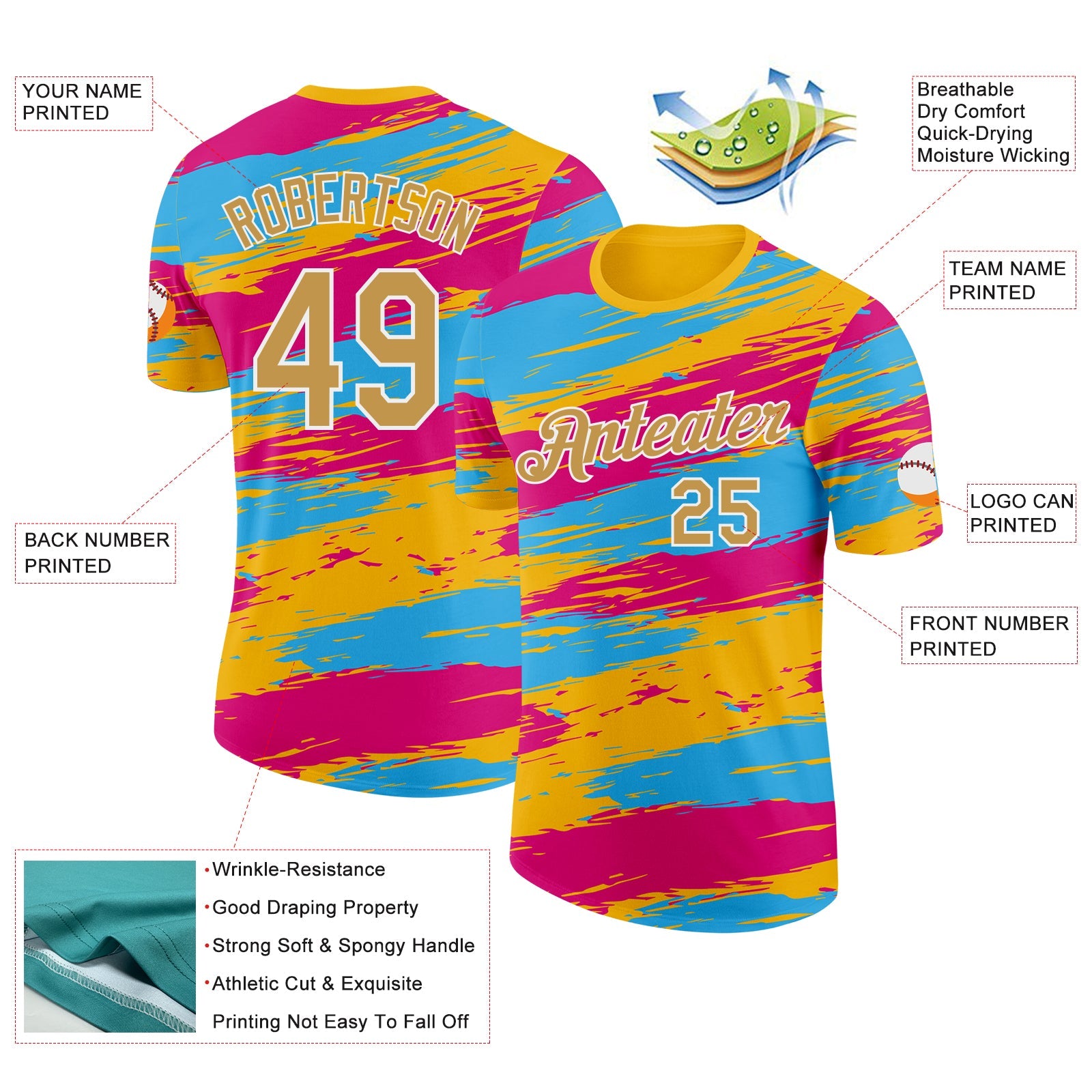 Custom Yellow Old Gold Blue Pink-White Grunge Paint Splatter Performance T-Shirt view 2