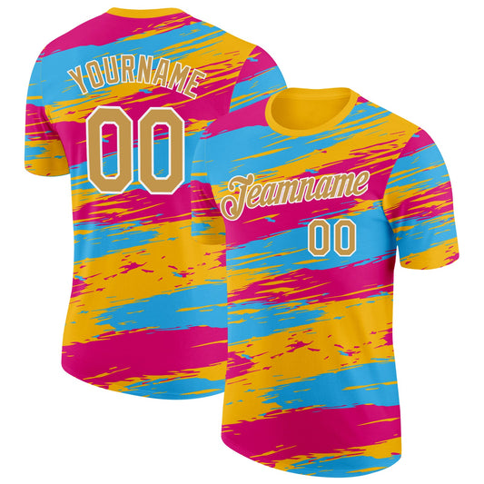 Custom Yellow Old Gold Blue Pink-White Grunge Paint Splatter Performance T-Shirt - Main View