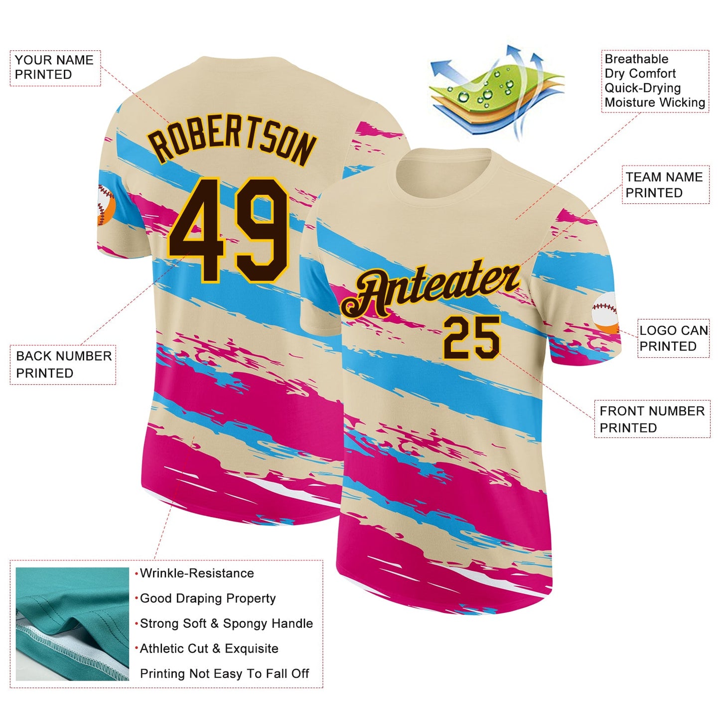 Custom Cream Brown Blue Pink-Yellow Grunge Paint Splatter Performance T-Shirt view 2