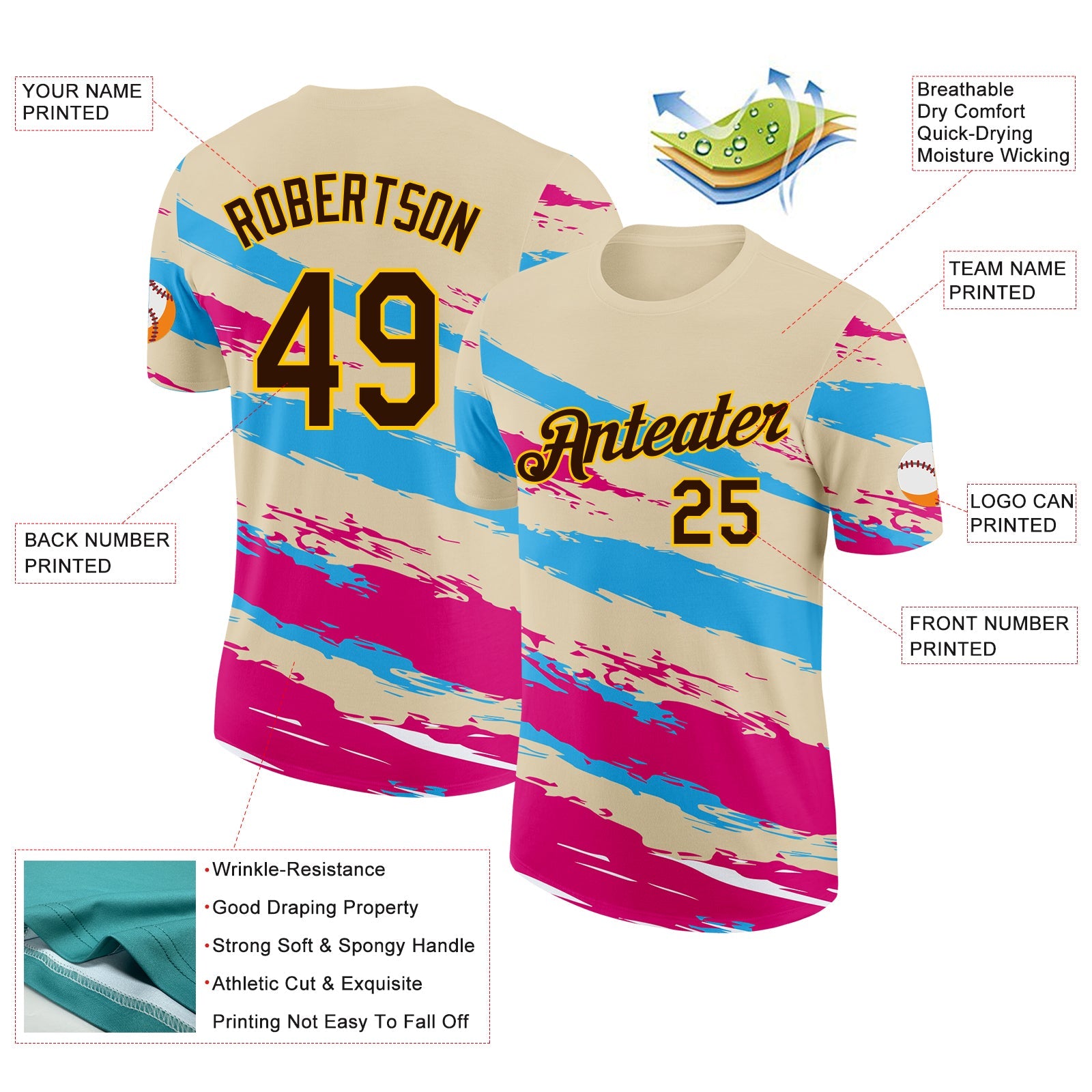Custom Cream Brown Blue Pink-Yellow Grunge Paint Splatter Performance T-Shirt view 2
