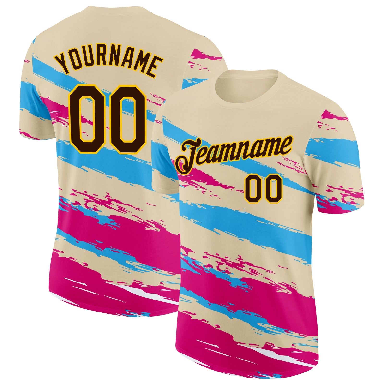 Custom Cream Brown Blue Pink-Yellow Grunge Paint Splatter Performance T-Shirt - Main View