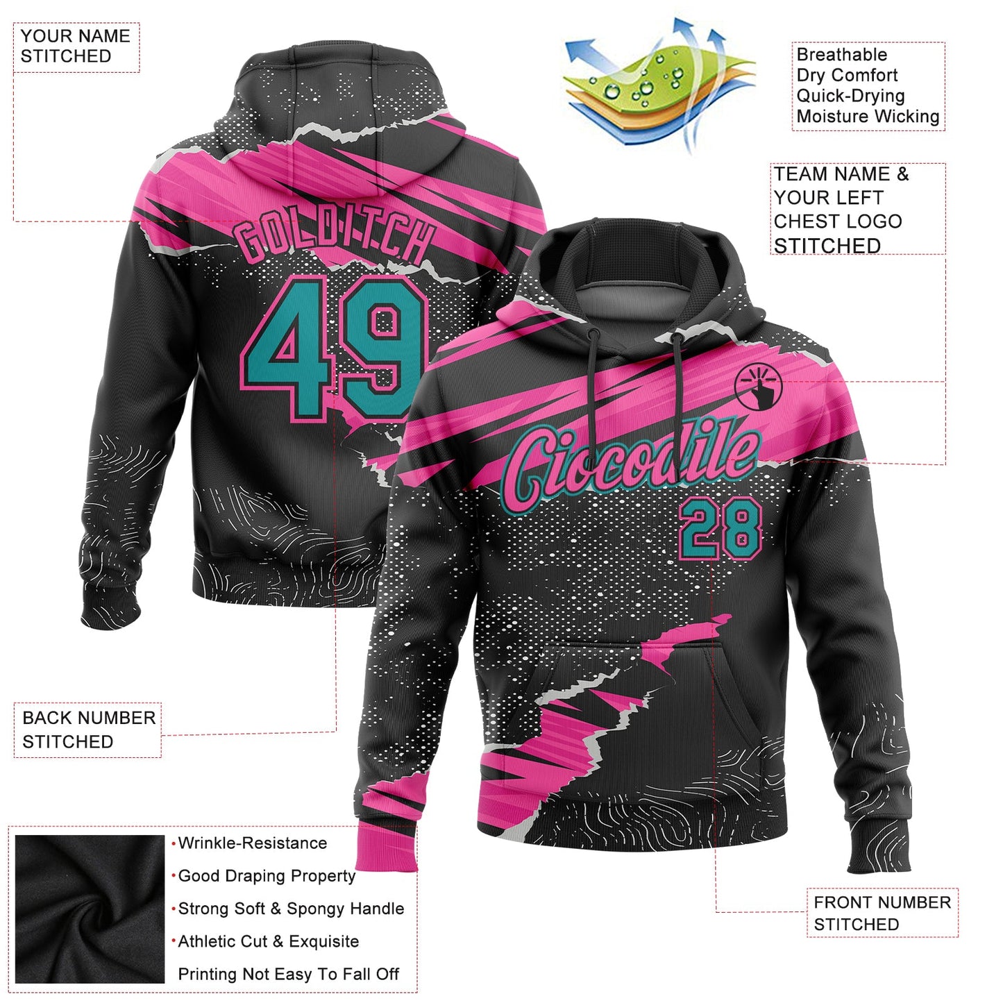 Custom Stitched Black Teal-Pink 3D Pattern Design Torn Paper Style Sports Pullover Sweatshirt Hoodie view 2