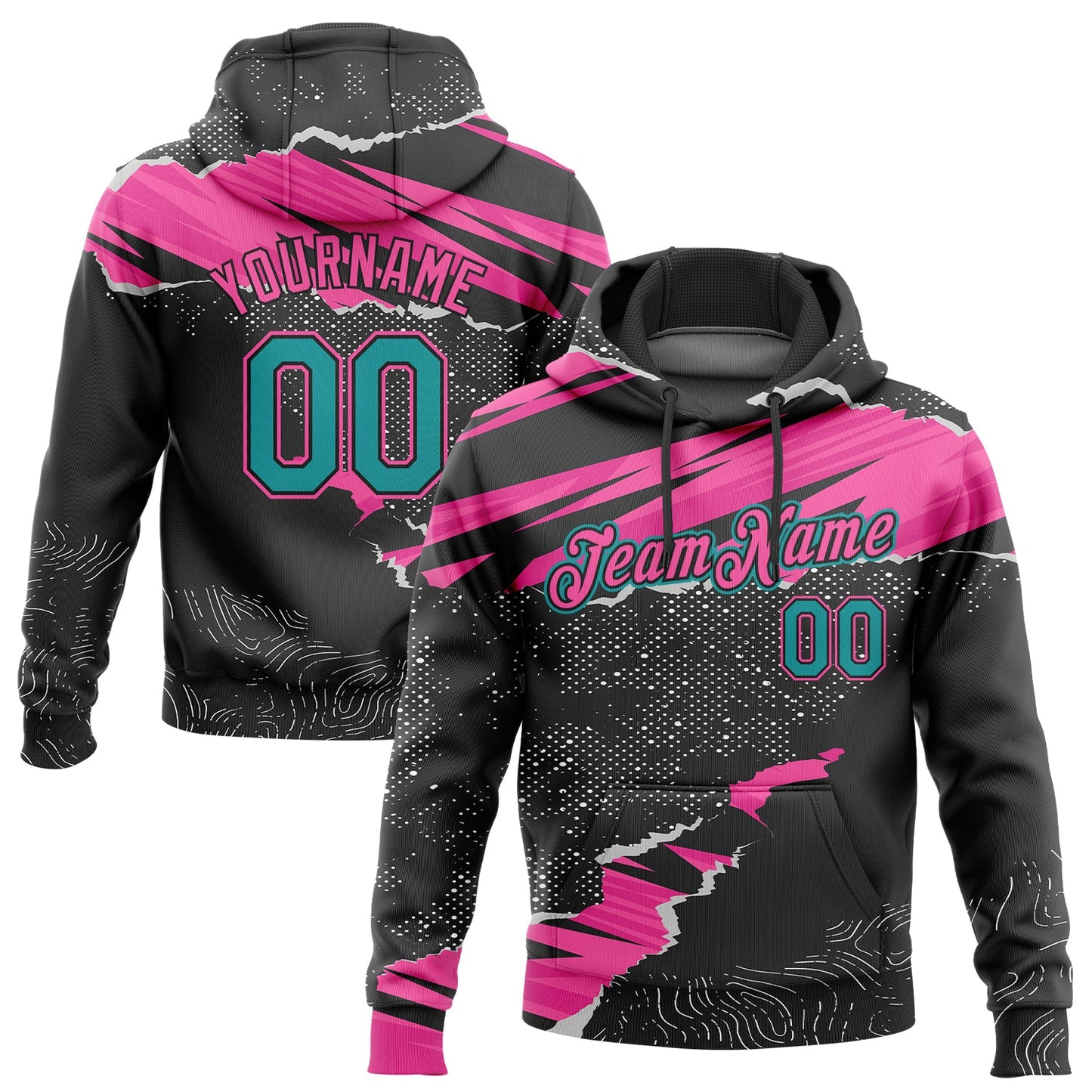 Custom Stitched Black Teal-Pink 3D Pattern Design Torn Paper Style Sports Pullover Sweatshirt Hoodie - Main View