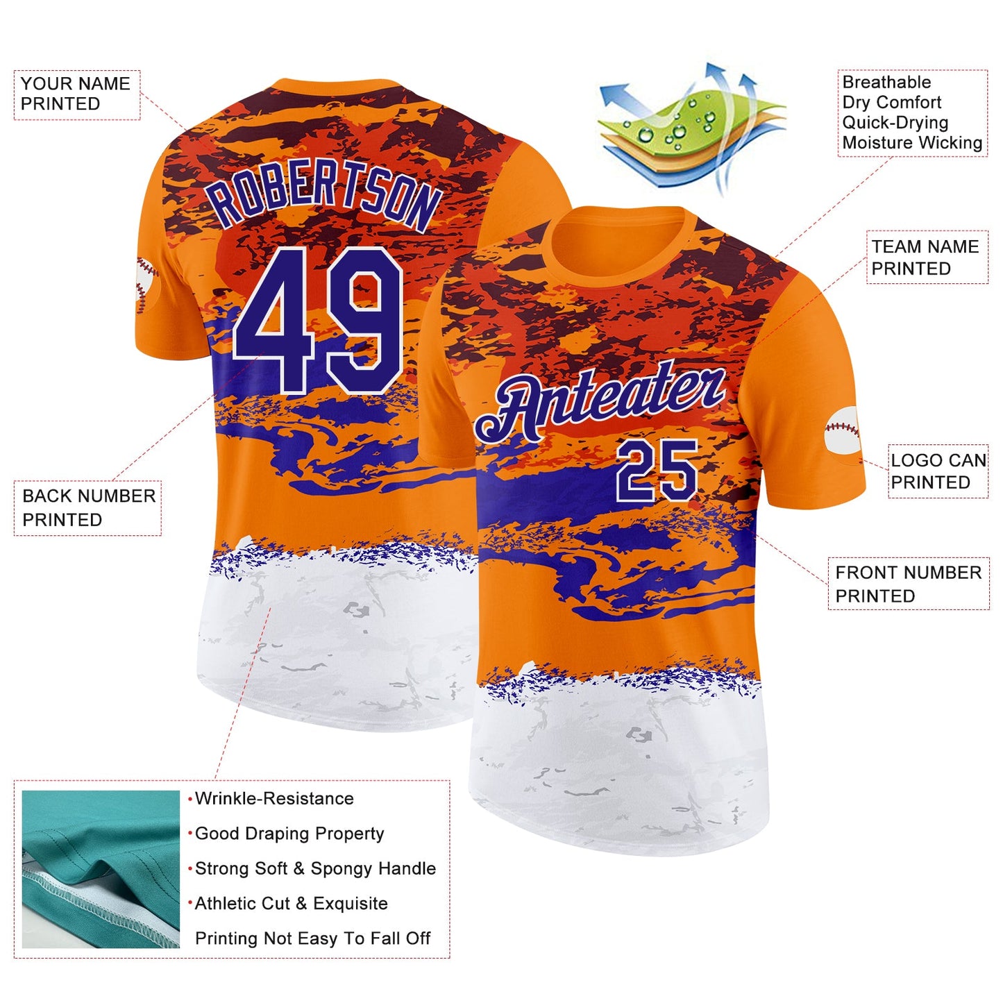 Custom Bay Orange Dark Purple-White Grunge Paint Splatter Performance T-Shirt view 2