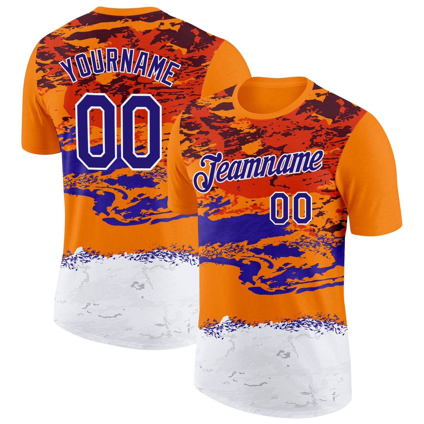 Custom Bay Orange Dark Purple-White Grunge Paint Splatter Performance T-Shirt - Main View